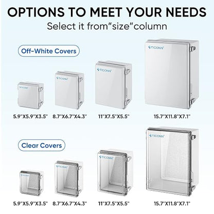 TICONN Outdoor Electrical Box Waterproof, Junction Box IP67 ABS Plastic Enclosure with Hinged Cover with Mounting Plate, Wall Brackets, Cable Glands (Off-White, 8.7"x6.7"x4.3")