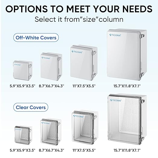 TICONN Waterproof Electrical Junction Box IP67 ABS Plastic Enclosure with Hinged Cover with Mounting Plate, Wall Brackets, Cable Glands (Off-White, 5.9"x5.9"x3.5")