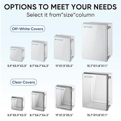 TICONN Waterproof Electrical Junction Box IP67 ABS Plastic Enclosure with Hinged Cover with Mounting Plate, Wall Brackets, Cable Glands (Clear, 5.9"x5.9"x3.5")