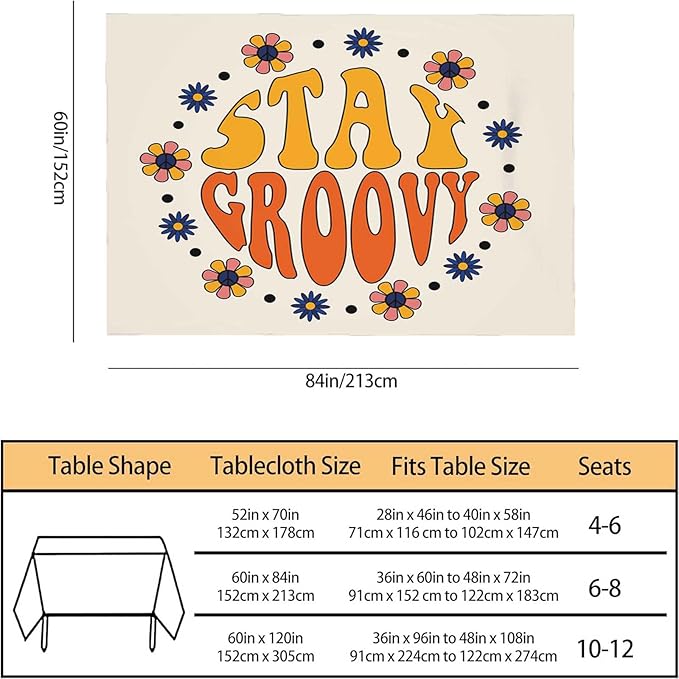 TKS MITLAN Tablecloth Stay Groovy Table Cloth Rectangle Table 60 x 84 Inch Seventies Retro Hippie Flowers in Circle Kitchen Decorations for Home Dinner Party