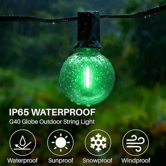 25 FT Green Outdoor String Lights G40 Globe Shatterproof Patio Lights,13 Plastic Edison Bulbs(1 Spare) IP65 Waterproof Dimmable LED Bulbs for Backyard Porch Balcony Party Decor, E12 Base
