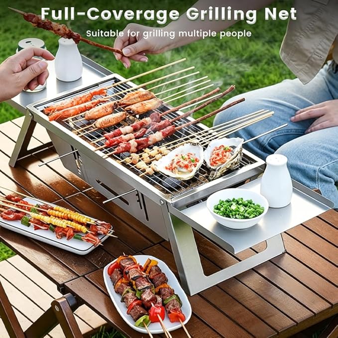 Portable Charcoal BBQ Grill, Foldable Compact Camping Barbecue with Space-Saving Design, Small Grill for 1-3 People for Garden Beach Picnic Tabletop Use