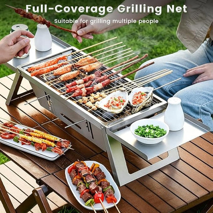 Portable Charcoal BBQ Grill, Foldable Compact Camping Barbecue with Space-Saving Design, Small Grill for 1-3 People for Garden Beach Picnic Tabletop Use