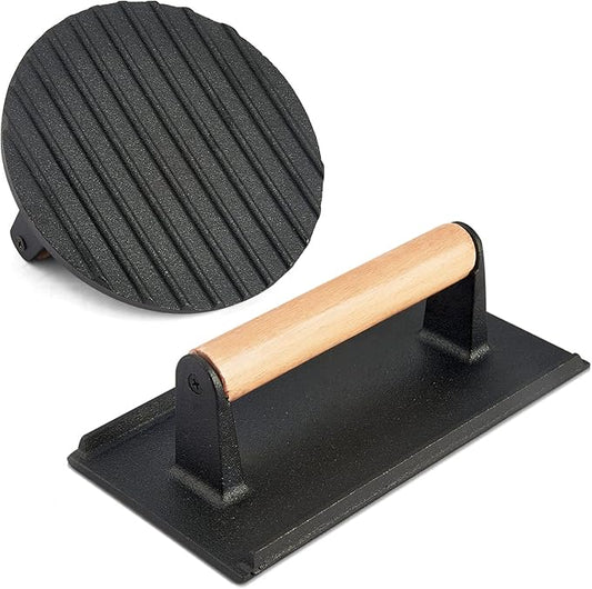 HaSteeL 2Pcs Cast Iron Bacon Press, Smash Burger Press for Teppanyaki Flat Top Griddle, Heavy Duty Round 7In & Rectangular 8x4In Grill Press, Perfect for BBQ Meat, Paninis, Tortilla, Steak, Sandwich