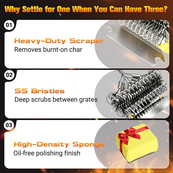 Professional 3-in-1 Grill Brush and Scraper with Safety Second Sweep Sponges - 18" Detachable Long Handle BBQ Cleaner for Heavy Duty Grime - Ideal Father's Day Grilling Gift for Men (Orange)