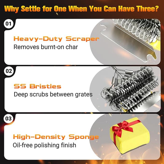 Professional 3-in-1 Grill Brush and Scraper with Safety Second Sweep Sponges - 18" Detachable Long Handle BBQ Cleaner for Heavy Duty Grime - Ideal Father's Day Grilling Gift for Men (Black)