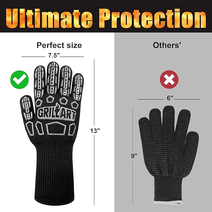 GRILLART BBQ Gloves Heat Resistant Cooking, with 3 Layers Protection, Grill Gloves Heat Proof for Men, Grilling Gloves for Out Door Grill, Grilling Accessories, Grilling Gifts for Men, XXL