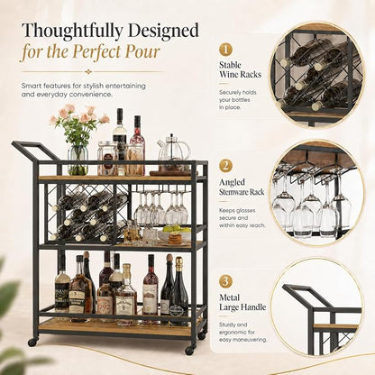 Bar Cart with Wheels, Wine & Liquor Cart for Home | Rolling Serving Cart for liquor, 3 Tier Beverage Cart with Wine Rack and Glass Holder, Rustic Oak