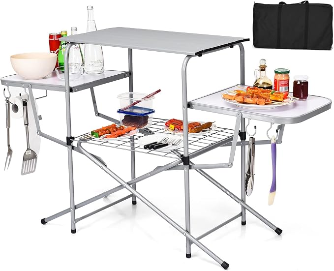 GIANTEX Folding Grill Table with 26'' Main Tabletop, Portable Aluminum Camping Table, Carrying Bag, Quick Set-up, Outdoor Camping Kitchen Food Prep Station for Picnic Tailgating RVing Backyard