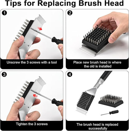 Grill Brush and Scraper for Barbecue – Grill Brush for Outdoor Grill with Extended, Large Handle and 2 Replaceable Stainless Steel Bristles Head –No Scratch- BBQ Grill Brush for Any Grill