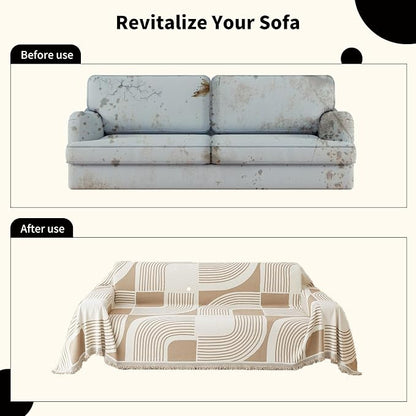WEYOND Boho Couch Cover, Chenille Sofa Covers Washable, 71" x 91", Khaki | Bohemian Sofa Slipcover with Tassels for 1 Cushion Couch, Armchair, Chair, 1 Seater