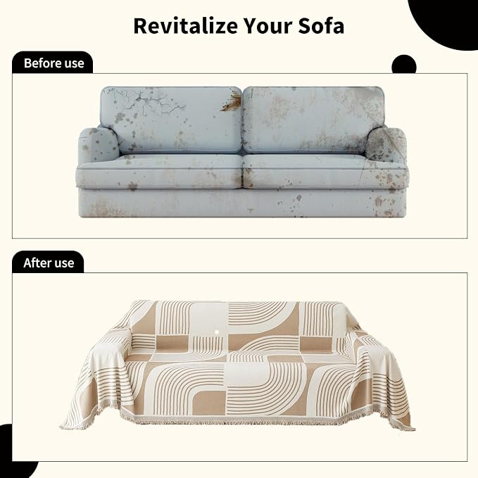 WEYOND Boho Couch Cover, Chenille Sofa Covers Washable, 71" x 134", Khaki | Couch Covers for 3 Cushion Couch Sofa Pet Friendly, Bohemian Sofa Slipcovers for Sectional Sofa, Loveseat, 2 3 4 Seater