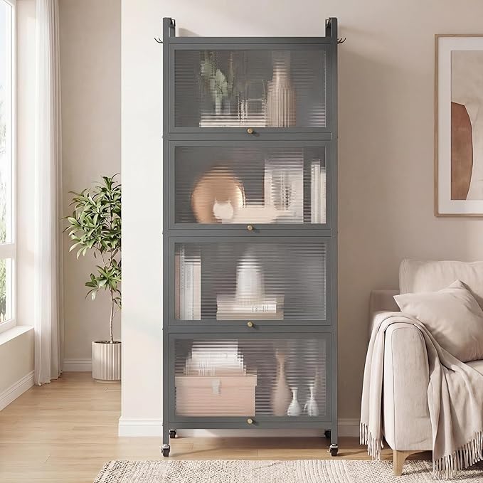 Giantex 5-Tier Kitchen Storage Cabinet, Mobile Microwave Stand with Flip-up PC Doors, Freestanding Kitchen Bakers Rack with 4 Rolling Casters, for Dining Room, Living Room and Study, Grey