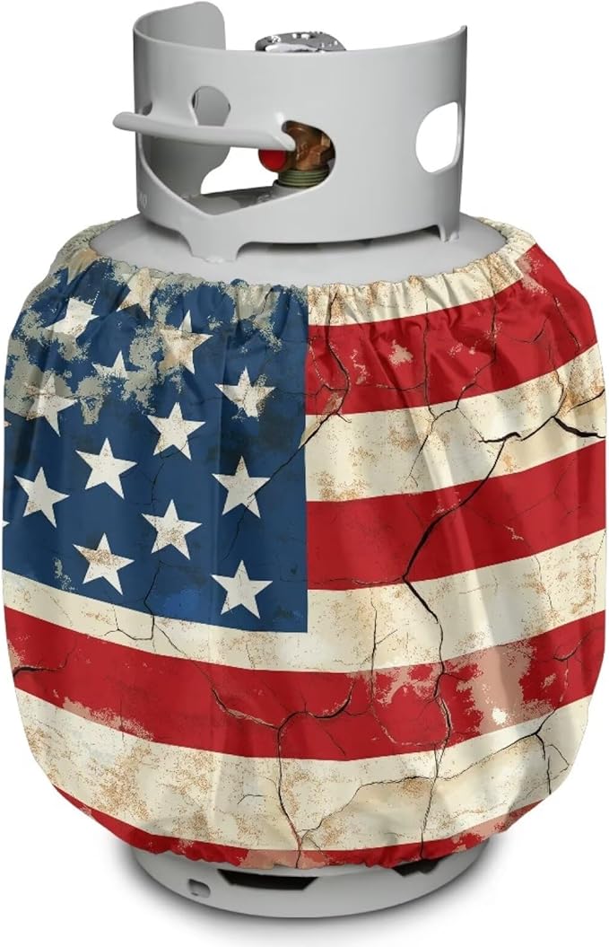 Dual Propane Tank Cover 20 lb Patriotic American Flag Weather Resistant Gas Cylinder Polyester Vintage 4th of July Decoration for Travel Trailer RV and Outdoor Use
