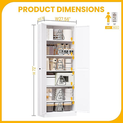 72" Metal Storage Cabinet, Large Capacity Pantry Cabinet with 6-Tier, Kitchen Storage Cabinet with 2 Doors and 5 Adjustable Shelves for Home, Kitchen, Dining, Living Room (White)