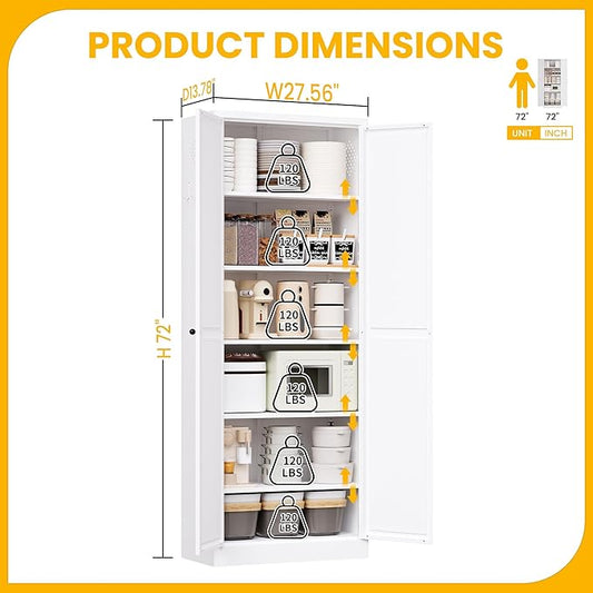 72" Metal Storage Cabinet, Large Capacity Pantry Cabinet with 6-Tier, Kitchen Storage Cabinet with 2 Doors and 5 Adjustable Shelves for Home, Kitchen, Dining, Living Room (White)