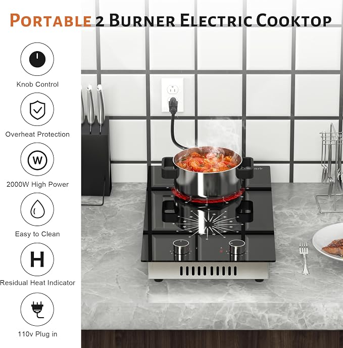 2 Burner Electric Cooktop 110V Portable Plug in 2000W | 12 Inch Two Burner Electric Stove Built-in & Countertop, Knob Control, Over Heat Protection, 9 Power Level, 120V Portable