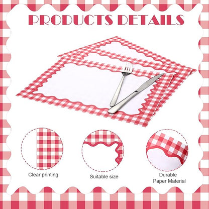 Eaasty 50 Pcs Disposable Red Gingham Paper Placemats Summer Checkered Picnic BBQ Paper Table Place Mat Double Sided for Baby Showers Wedding Birthday Tea Parties Dinner Table Decorations