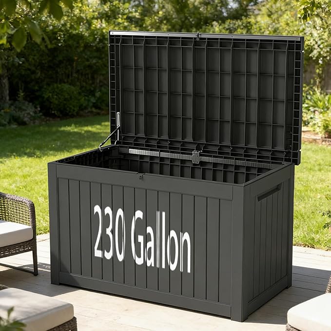 FEFLO 230 Gallon Resin Desk Boxes, Lockable Outdoor Storage Box for Furniture, Toy, Shoe, Garden & Patio Tools Storage, IP54 Weatherproof Package Delivery Boxes for Outside - Black