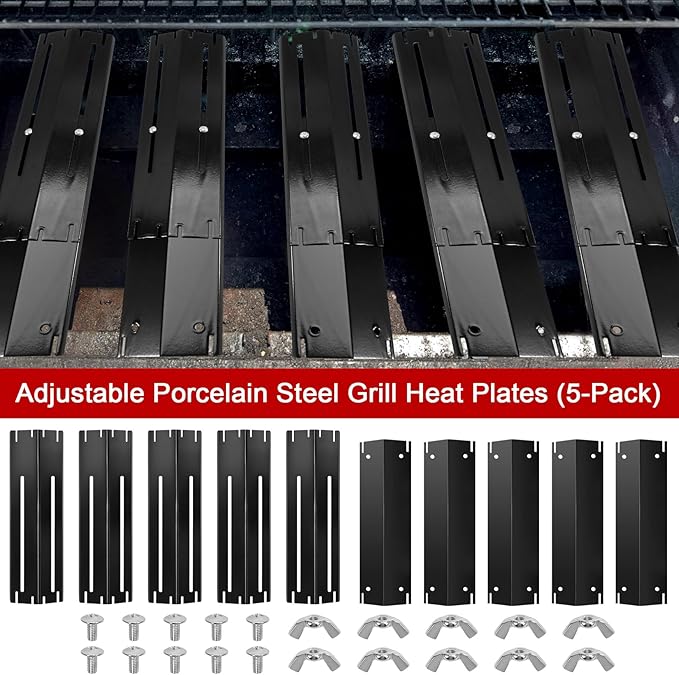 GasSaf Universal Adjustable Heat Plate Shield, Extends from 11.75" up to 21" L, Porcelain Steel Heat Tent Flame Guards Replacement Parts for Brinkmann, Charbroil, Nexgrill and Other Gas Grill (5-Pack)