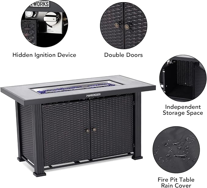 44" Propane Fire Pit Table, 50000BTU Rectangle Fire Table with Cover & Rain Cover, Sturdy Steel and Iron Fence Surface, CSA Safety Certified, Companion for Your Garden