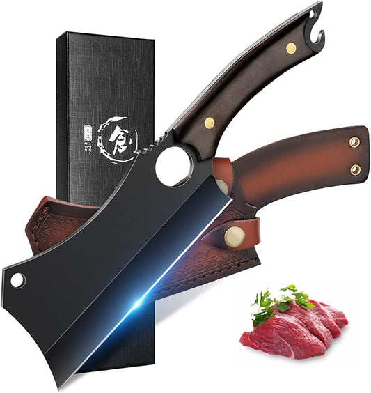 ROCOCO Butcher Meat Cleaver Knife - Hand Forged Meat Cutting Knife with Sheath Outdoor BBQ Camping Birthday Christmas Gift Idea Men Black 5.9"