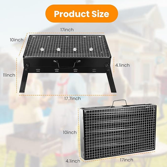 Portable Charcoal Grill, 17.7x11x10in Folding BBQ Grill Lightweight Compact Tabletop Mini Smoker Desktop Charcoal Grill for Camping, Picnics, Garden & Beach Parties, Black