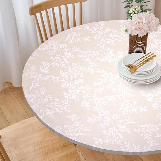 LIBERECOO Round Vinyl Fitted Tablecloth with Flannel Backing Elastic Edge Plastic Table Cover - Warm Brich - Waterproof Stain-Resistant Wipeable Tablecloths