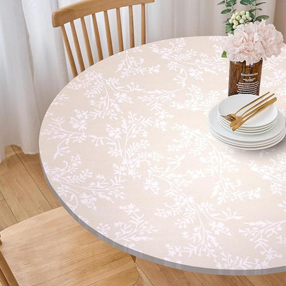 LIBERECOO Round Vinyl Fitted Tablecloth with Flannel Backing Elastic Edge Plastic Table Cover - Warm Brich - Waterproof Stain-Resistant Wipeable Tablecloths