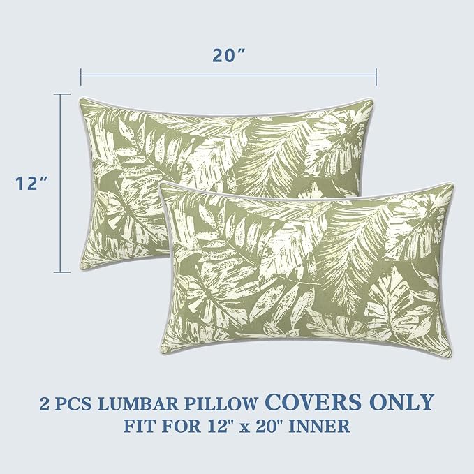 LVTXIII 2 Pack Outdoor Lumbar Pillow Covers 12x20 Inch with Piping, Water-Repellent Back Cushion Covers ONLY for Patio Furniture, Sofa, Garden Bench, Tropical Leaf Green