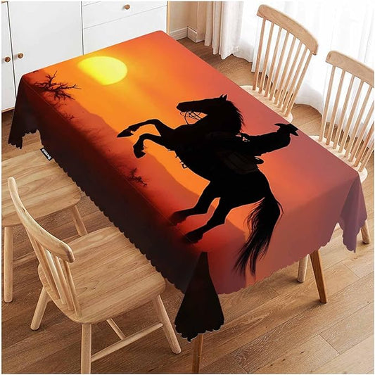 Swono Rectangle Tablecloth Cowboy Table Cover 52x70 Inch Western Cowboy Horse Sunset Ranch Heavy Duty Table Cloth for Rectangle Tables Decorative Tablecloth for Dining Party Camping BBQ