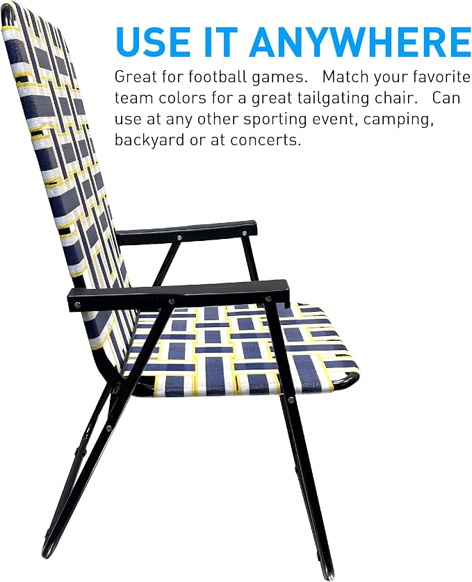Lawn Chair Folding Steel Webbing Chaise Patio Lounger Seat Wood Handles Great for Camping, Beach, Fishing, Backyard, Stadium, Pool, Boating, and Sports 2 Pack Blue/Yellow