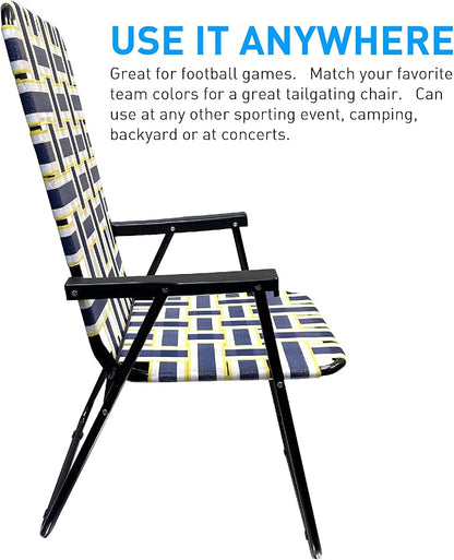 Lawn Chair Folding Steel Webbing Chaise Patio Lounger Seat Wood Handles Great for Camping, Beach, Fishing, Backyard, Stadium, Pool, Boating, and Sports 2 Pack Blue/Yellow