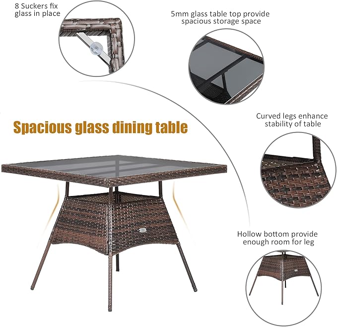HAPPYGRILL 5 Pieces PE Wicker Patio Dining Set with Table and Chairs with Cushions, Outdoor Patio Furniture Set for Deck, Garden and Backyard (Brown Beige & Glass)
