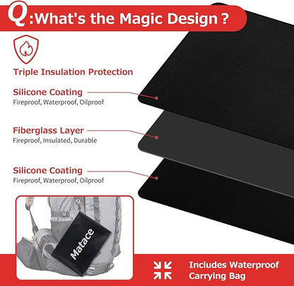 Matace 60x40 Fireproof Under Grill Mats for Outdoor Grill, Large Double-Sided Fire Retardant Silicone Floor Mat for BBQ, Camping Stove, Fire Pit, Waterproof & Grease Resistant for Patio & Deck, Black