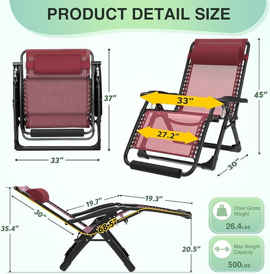 Suteck Oversized Zero Gravity Chair, 500LBS 33" XXL Reclining Lounge Chairs | W/Removable Cushion&Headrest, Upgraded Lock, Big Cup Holder and Footrest, Reclining Camping Chair Recliner for Indoor Outdoor