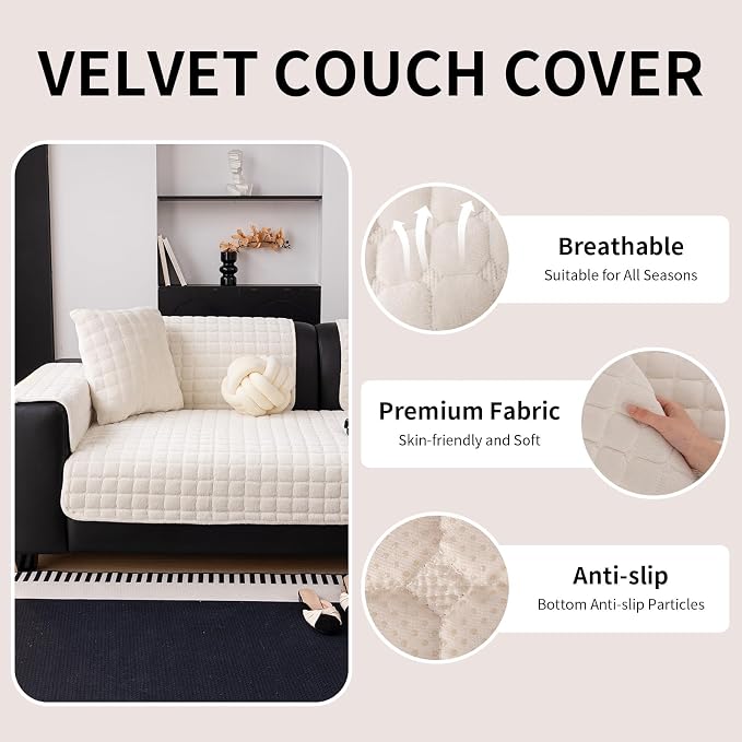 Velvet Couch Cover, Washable Sectional Sofa Cover, Anti Slip Sofa Slipcover for 3 Cushion Couch Sofa L Shaped Armrest Backrest, Furniture Protector Covers for Pets Kids(White, Only 1 PCS)
