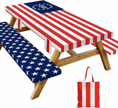 Fitted Picnic Table Cover with Bench Covers Elastic Waterproof Oil-Proof VintageTablecloths for 6 Foot Rectangle Tables Dining Outdoor Patio Camping Essentials (Blue Red Stripe, 6 Foot)