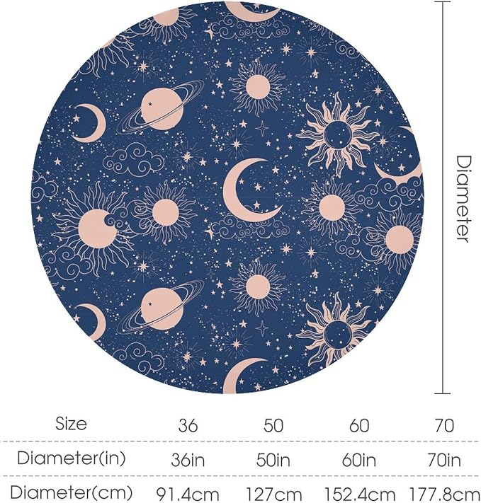 Moon Sun Round Tablecloth Vintage Star Magical Galaxy Space Boho Celestial Table Cloth Water Resistant Wipeable Table Cover for Farmhouse Picnic Party Holiday Kitchen Dinner Table 50"