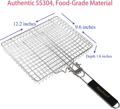 BBQ Deep Grill Basket-Barbecue BBQ Grilling, SUS304 Stainless Steel Folding Portable Outdoor Camping Rack for Fish, Shrimp, Vegetables, Cooking Accessories,Gifts for Dad,Men,Friends