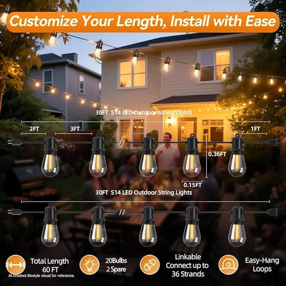60FT Outdoor String Lights with 20+2 Shatterproof LED Bulbs | Hanging Lights for Patio Weatherproof , Warm White, Connectable Lights Plug in for Party, Cafe, Bistro and Backyards (2 Pack)