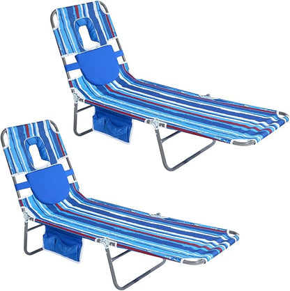 SUNNYFEEL Lay Flat Tanning Chair with Face Down Hole & Arm Slots, Backpack Beach Lounge Chair, 5-Position Folding Sunbathing Chair, 300 LBS Heavy Duty, 72" L x 22" W for Beach, Pool, Camping