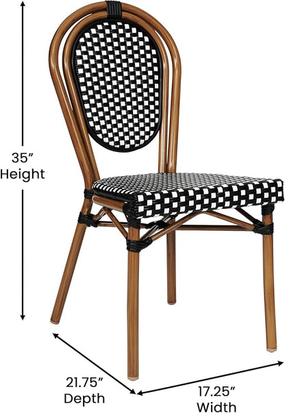 Flash Furniture Lourdes Indoor/Outdoor Commercial Thonet Bistro Stack Chair - Black/White PE Rattan Back and Seat - Natural Bamboo Print Metal Frame - 2 PK