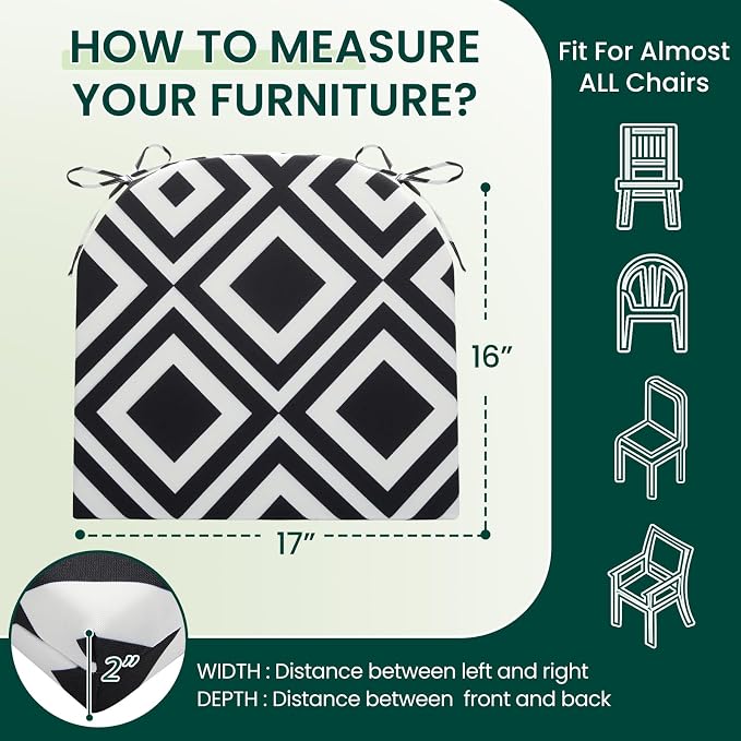 HARBOREST Outdoor Chair Cushions Set of 6, Water Resistant Patio Chair Cushions with Ties, Outdoor Seat Cushions for Patio Furniture, 17"x16"x2", Black/White Diamond