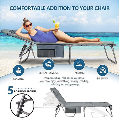 Tanning Chair with Face Hole, Adjustable Folding Chaise Lounge Chairs for Outside with Detachable Pillow & Pocket，Portable flat beach chairs for sunbathing, beach lawns camping (Deep Grey, Standard)