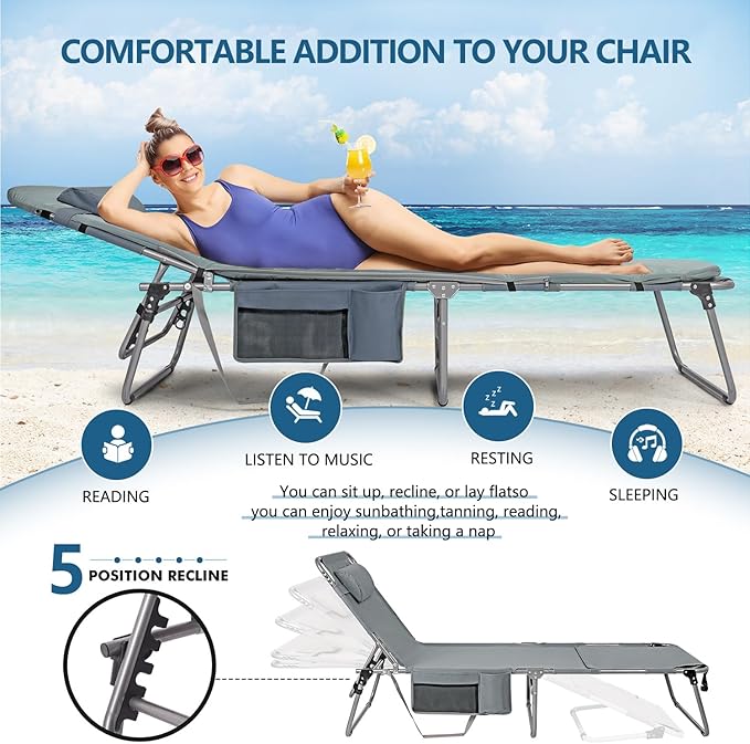 Tanning Chair with Face Hole, Adjustable Folding Chaise Lounge Chairs for Outside with Detachable Pillow & Pocket，Portable flat beach chairs for sunbathing, beach lawns camping (Deep Grey, Oversized)