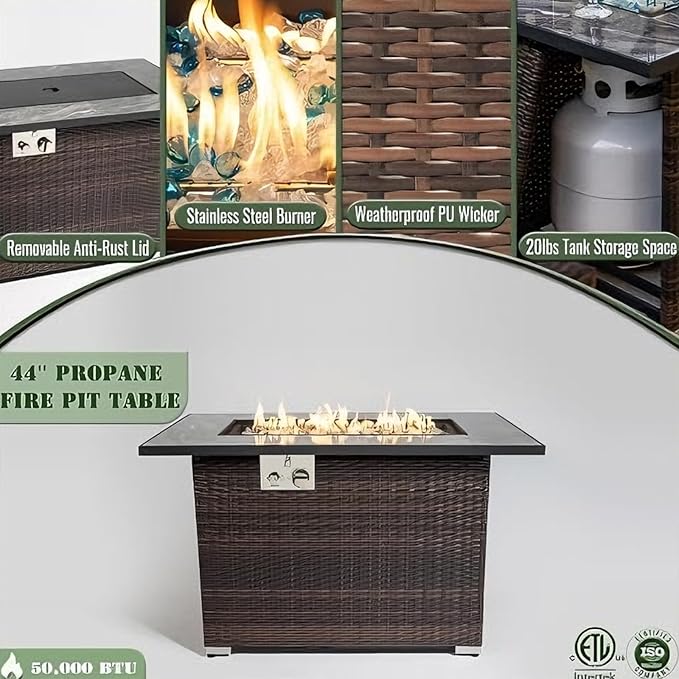 44" Outdoor Propane Fire Table, 50,000 BTU Gas Fire Pit with Ceramic Tile Top, PU Rattan Base, Tempered Glass Wind Guard, Lid & Waterproof Cover, Rectangular Patio Firepit for Backyard, Deck & Garden