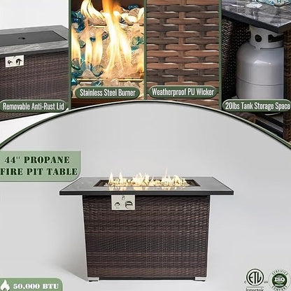 44" Outdoor Propane Fire Table, 50,000 BTU Gas Fire Pit with Ceramic Tile Top, PU Rattan Base, Tempered Glass Wind Guard, Lid & Waterproof Cover, Rectangular Patio Firepit for Backyard, Deck & Garden