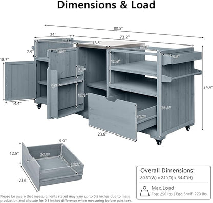 LUMISOL Outdoor Grill Cart with Stainless Steel Top, for Big Green Egg, Rolling Kitchen Island for 21"/28" Blackstone Griddle, 80.5" Solid Wood Kitchen Table with Drawer, Grey+Blue