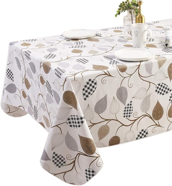 Walrus Heavy Duty Vinyl Tablecloth with Flannel Backing Waterproof Oil-Proof Plastic Table Cloth Stain-Resistant Wipeable Rectangle or Square Table Cover for Indoor and Outdoor (Leaves, 60X84 Inch)